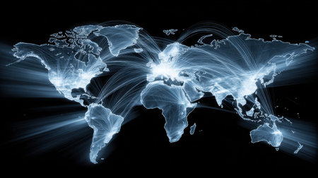 This captivating image features a global map illuminated with light trails, symbolizing connectivity and travel across continents in a modern digital style.の素材