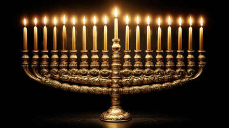 This stunning menorah features bright candles radiating warm light against a dark backdrop, symbolizing tradition and celebration during holidays.の素材
