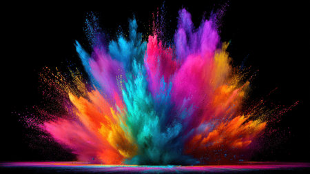 This captivating image features a vibrant explosion of colorful powder against a stark black background, evoking feelings of creativity and energy.の素材