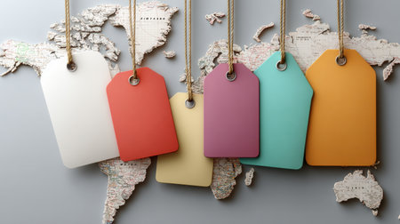 This image features a collection of colorful price tags suspended above a textured world map, creating a visually striking backdrop ideal for marketing, travel, and creative projects.の素材