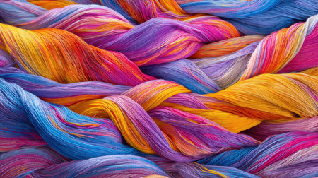 A beautiful close-up of vibrant multicolored yarn strands showcasing a stunning blend of blues, pinks, purples, and yellows, perfect for creative projects.の素材