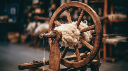 Discover a captivating wooden spinning wheel featuring fluffy fiber, set in an artisan workshop. Perfect for showcasing the beauty of craft and textile creativity.の素材