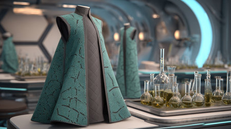 A futuristic laboratory scene showcases a stylish garment with geometric patterns, set against a backdrop of glassware filled with glowing liquids.の素材