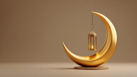 This beautiful gold crescent moon features a delicate lantern, radiating warm light. Ideal for home decor, art projects, or festive celebrations.の素材