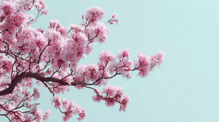 A beautiful cherry blossom branch with vibrant pink flowers stands out against a soft blue sky, capturing the essence of spring and renewal in nature.の素材