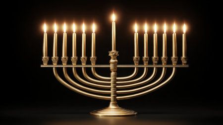 A beautifully crafted menorah with illuminated candles shines brightly against a dark background, symbolizing joy and tradition during Hanukkah celebrations.の素材
