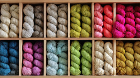 A visually captivating collection of yarn skeins in various colors, neatly organized in wooden cubes, perfect for adding inspiration to any crafting project.の素材