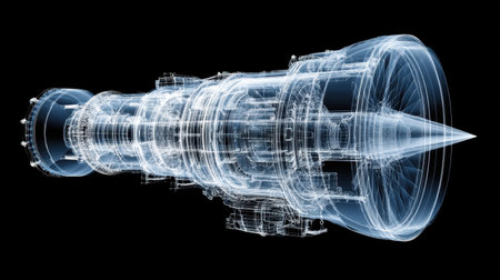 This image showcases a detailed X-ray view of a jet engine, revealing the intricate components that contribute to its cutting-edge design and efficiency.の素材