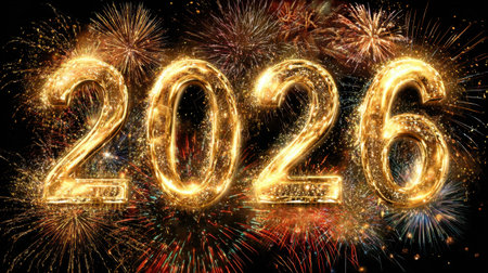 A stunning visual of golden numbers 2026 illuminated by vibrant fireworks on a dark background, representing the excitement and joy of the New Year celebration.の素材