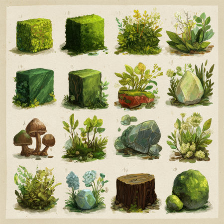 This artistic collection features hand-drawn elements of lush greenery, stones, mushrooms, and organic textures, ideal for nature-themed projects.の素材
