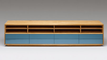 This elegant modern television stand features a light wood finish with blue drawers and open shelving, perfect for enhancing contemporary living spaces.の素材