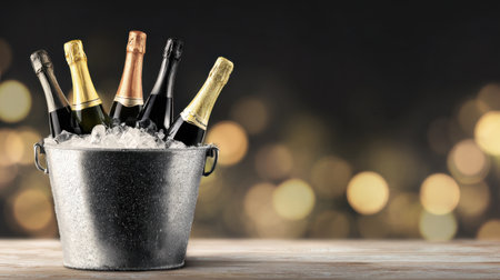 A stylish display featuring elegant champagne bottles nestled in ice, perfect for enhancing any celebration or special occasion with a festive ambiance.の素材