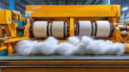 This image captures the dynamic process of cotton processing machinery in operation, highlighting the movement of white cotton fibers in a vibrant industrial setting.の素材