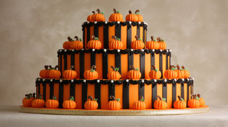 This stunning multi-tiered pumpkin cake features vibrant orange and black decorations, perfect for Halloween or fall celebrations. It's a delightful centerpiece.の素材