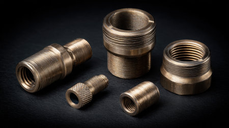 High-resolution close-up image showcasing various brass plumbing fittings and connectors on a dark surface, designed for industrial and repair applications.の素材
