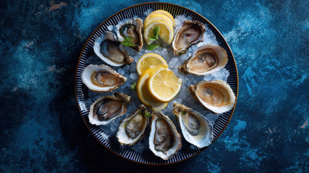 This stunning arrangement features freshly shucked oysters elegantly presented on ice, paired with vibrant lemon slices and garnishes, perfect for seafood lovers.の素材