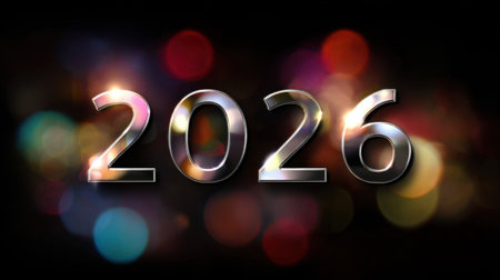 Celebrate the arrival of 2026 with this vibrant and colorful image showcasing stylish numbers against a dreamy blurred background, perfect for festive occasions.の素材