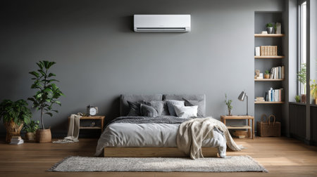 This image showcases a cozy and modern bedroom interior featuring natural elements. A comfortable bed with soft bedding invites relaxation, complemented by a calming color palette and air conditioning unit for comfort.の素材