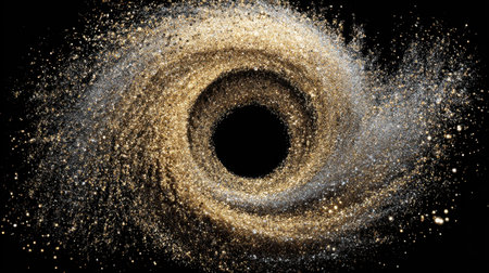 This dynamic image showcases a stunning swirl of gold and silver dust against a deep black backdrop, creating an enchanting cosmic vortex filled with twinkling sparkles.の素材