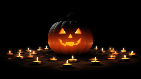 A bright orange jack-o'-lantern smiles amidst surrounding candles in a dark setting, creating a warm, festive ambiance perfect for Halloween celebrations.の素材