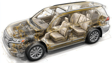 This transparent SUV design showcases intricate details of both the interior and exterior, highlighting advanced vehicle technology and spacious seating.の素材