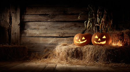 This evocative Halloween scene features two carved pumpkins glowing in the dark, resting on hay bales in a rustic barn setting, perfect for autumn celebrations.の素材