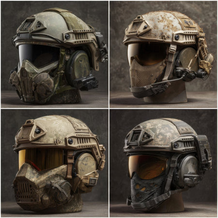 This striking image features a collection of unique military helmet designs elegantly arranged. Each helmet showcases intricate details, textures, and colors, reflecting advanced technology and tactical innovation in protective gear. Perfect for military enthusiasts or design inspirations.の素材