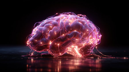 This artistic representation of a brain showcases intricate neural connections illuminated in vibrant pink and purple hues. It symbolizes creativity, intelligence, and the beauty of cognitive processes.の素材
