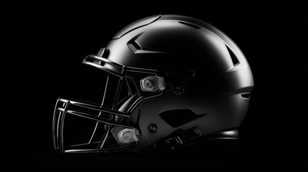 A striking black football helmet showcased in profile against a dark background, symbolizing sport, strength, safety, and modern design for various creative applications.の素材