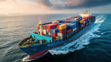 A large container ship glides through calm ocean waters at sunrise, showcasing vibrant cargo containers against a picturesque horizon.の素材