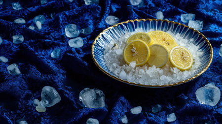 A captivating arrangement featuring lemon slices on crushed ice, highlighted by a sparkling blue fabric backdrop, perfect for summer-themed visuals.の素材