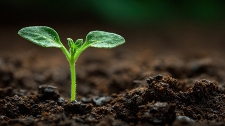 A vibrant green seedling breaks through dark, rich soil, symbolizing hope and growth in a natural environment. The fresh plant showcases the beauty of new life.の素材