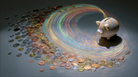 A vibrant and artistic representation of a piggy bank surrounded by various coins, illuminated with colorful light trails, emphasizing the importance of saving and investment.の素材