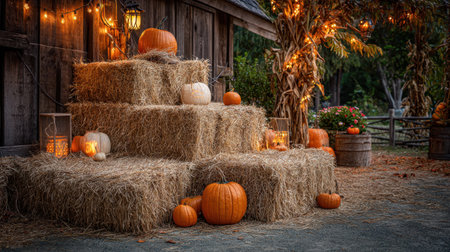 Discover a cozy autumn harvest scene featuring stacked hay bales adorned with pumpkins and inviting lanterns, surrounded by warm decorative lights.の素材