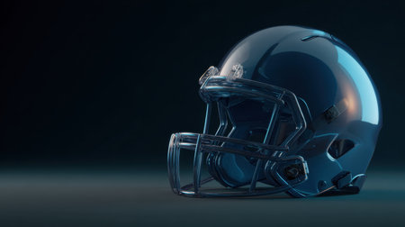 A gleaming football helmet showcased against a dark background, capturing attention with its sleek design and modern appeal. Perfect for sports themes.の素材