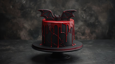 A striking gothic-themed cake adorned with a bat decoration and vibrant red drip icing, perfect for Halloween festivities or special occasions.の素材
