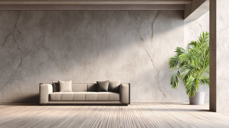 A bright and inviting modern living room featuring a minimalist couch, a decorative plant, and soft natural light streaming in, creating a serene ambiance.の素材