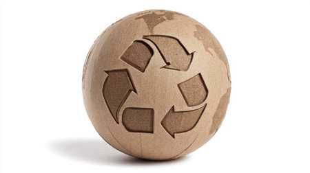 A visually striking cardboard globe featuring a recycle symbol, illustrating the vital concepts of sustainability and environmental consciousness in our world.の素材