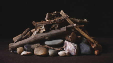 A beautifully arranged collection of twigs and stones showcasing earthy textures and natural elements, perfect for minimalistic and artistic themes.の素材