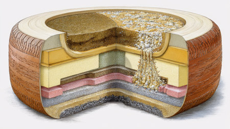 This detailed illustration showcases a cross-section of a wood slice, highlighting various internal layers and materials. Ideal for educational purposes.の素材