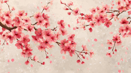 This image captures delicate pink cherry blossoms with falling petals against a soft neutral background, evoking a sense of tranquility and beauty.の素材