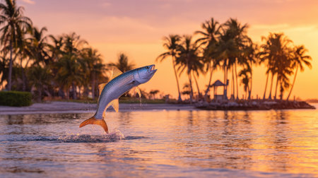 A stunning sunset view captures a fish jumping out of calm ocean waters, surrounded by tropical palm trees, creating a serene beach atmosphere.の素材