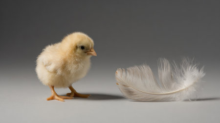 A charming baby chick curiously approaches a delicate white feather against a smooth gray backdrop, highlighting the theme of innocence and nature's beauty.の素材