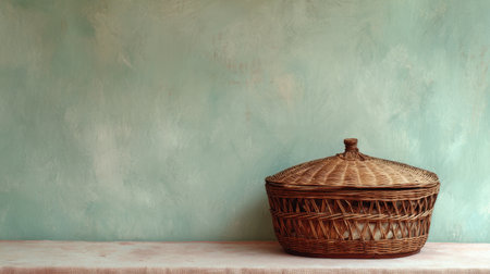 A beautifully crafted rattan basket sits on a wooden table against a soft blue wall, adding a touch of minimalism and elegance to home decor.の素材