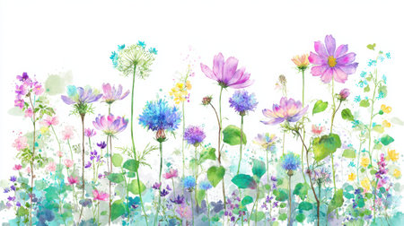 Beautiful watercolor illustration featuring a variety of vibrant wildflowers set against a bright, white background, evoking feelings of joy and nature.の素材