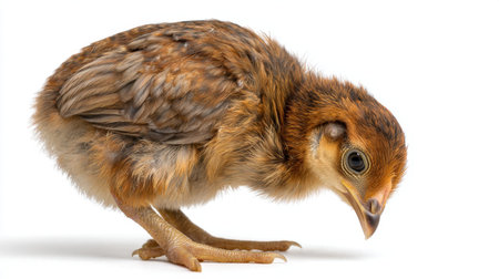 This image features a young bird with soft, fluffy feathers and a curious gaze, capturing the innocence and beauty of nature on a white background.の素材