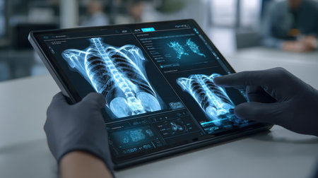 A medical professional examines X-ray images on a tablet in a modern healthcare environment, showcasing advanced digital technology used for patient diagnosis.の素材