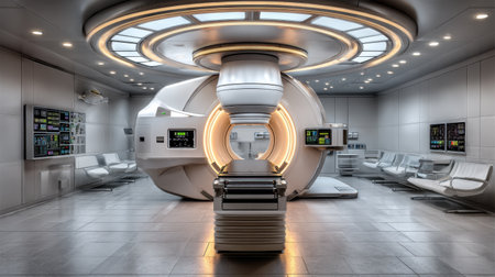 This image showcases a modern medical imaging room designed with advanced technology and a sleek aesthetic, highlighting the importance of patient comfort and diagnostic accuracy in healthcare.の素材