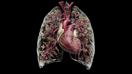 This high-resolution image showcases a detailed anatomical view of the human lungs and heart, perfect for educational and medical contexts.の素材
