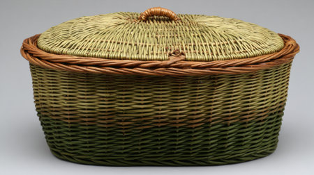 This rustic woven basket features a textured design with a lid, perfect for storage or decoration. Its natural tones enhance any space's aesthetic.の素材
